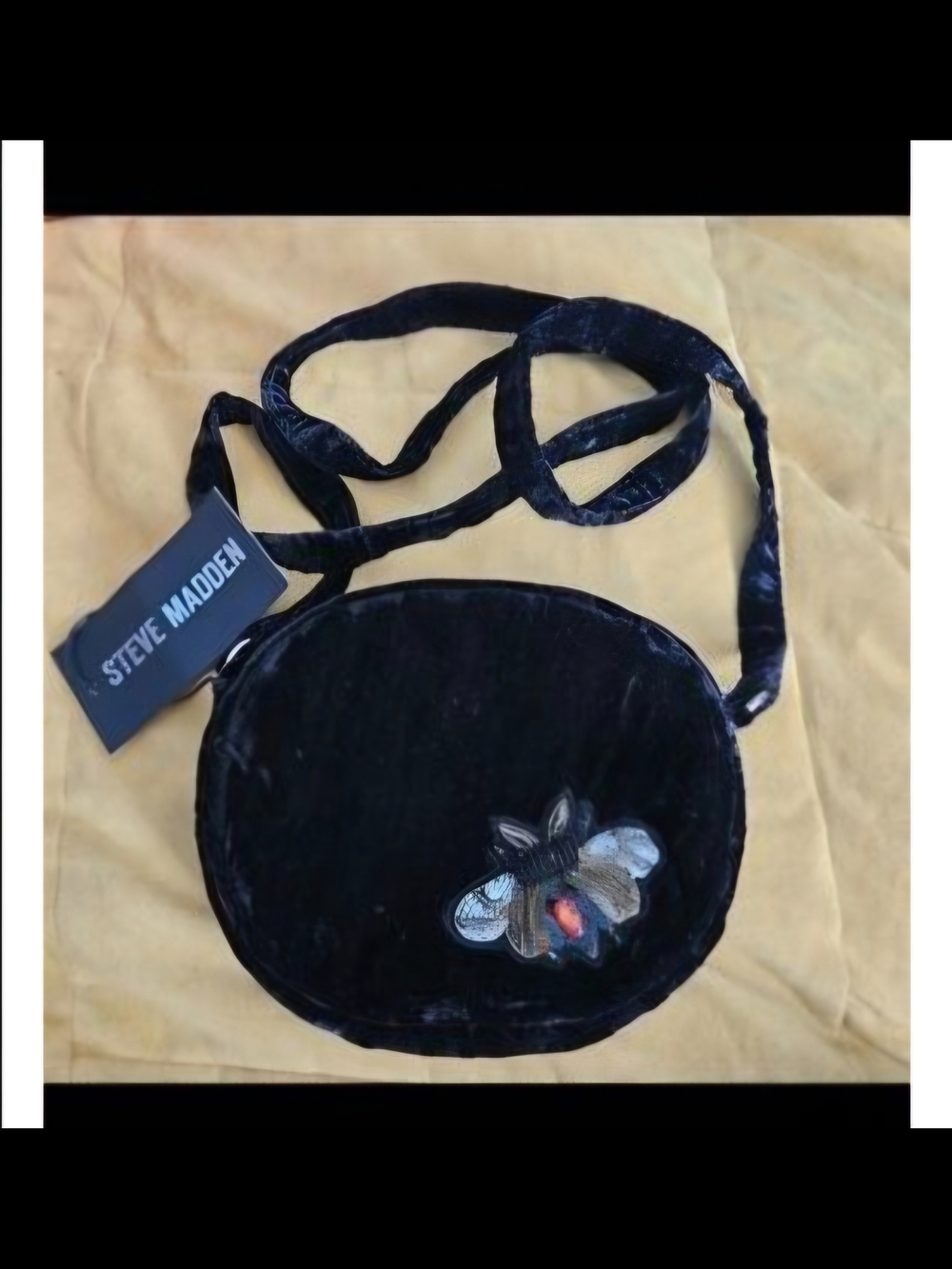 Steve Madden Black Velvet Round Crossbody with Bee Patch